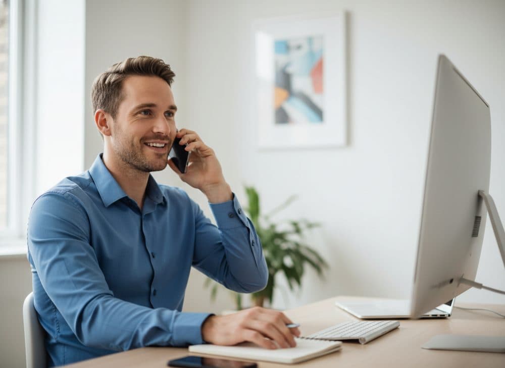 A commission sales professional on a phone call